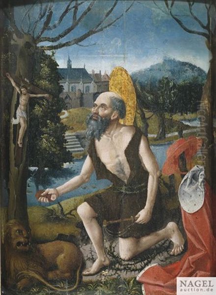 Der Busende Hieronymus. Der Auf Dornen Knieende Buser Mit Einem Stein Und Einer Geisel, Links Und Rechts Von Ihm Seine Attribute Lowe Und Kardinalshut Oil Painting by Hans Burgkmair the elder