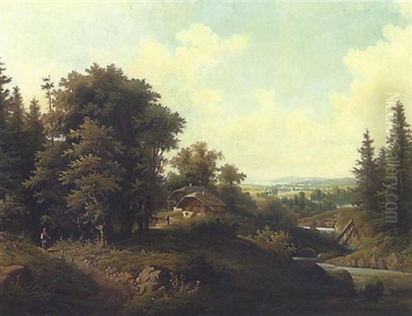 Bauernhaus Mit Blick In Weite Flusslandschaft Oil Painting by Max Burgmeier