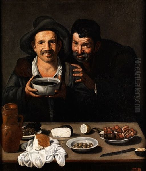 Zwei Bauerliche Manner Vor Einem Tisch Mit Arrangierten Speisen Oil Painting by Francisco de Burgos Mantilla