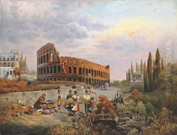 Selling Vegetables Before The Colosseum, Rome Oil Painting by Robert Alott