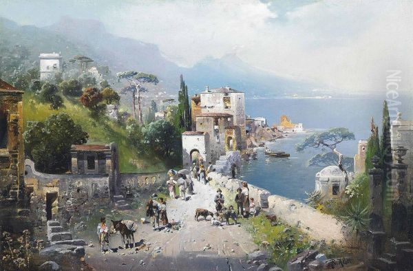 A Busy Coastal Path On The Bay Of Naples, Vesuvius Beyond Oil Painting by Robert Alott