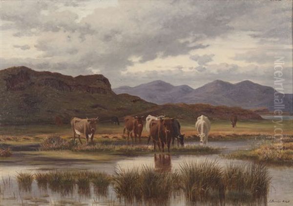 Cattle Grazing By A River Bank Oil Painting by Augustus Nicholas Burke