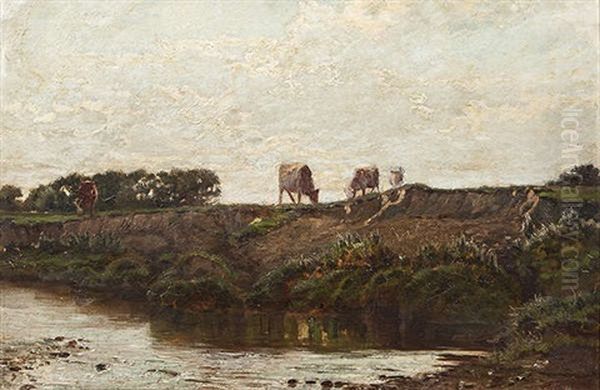 Cattle On A Riverbank Oil Painting by Augustus Nicholas Burke