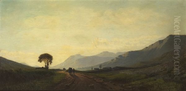 Extensive Western Landscape With Figures At Sundown Oil Painting by Augustus Nicholas Burke