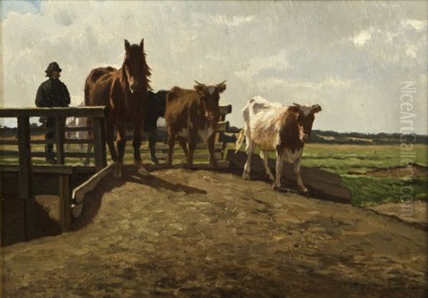 A Drover With A Horse And Cattle Crossing A Bridge, Evening Oil Painting by Augustus Nicholas Burke