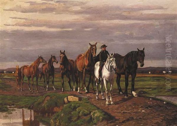 Mounted Rider Leading A Herd Of Horses Over A Stream Oil Painting by Augustus Nicholas Burke