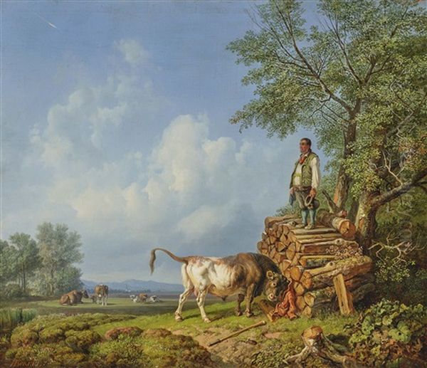 Heinrich Burkel - Stier Und Bauer Oil Painting by Heinrich Buerkel