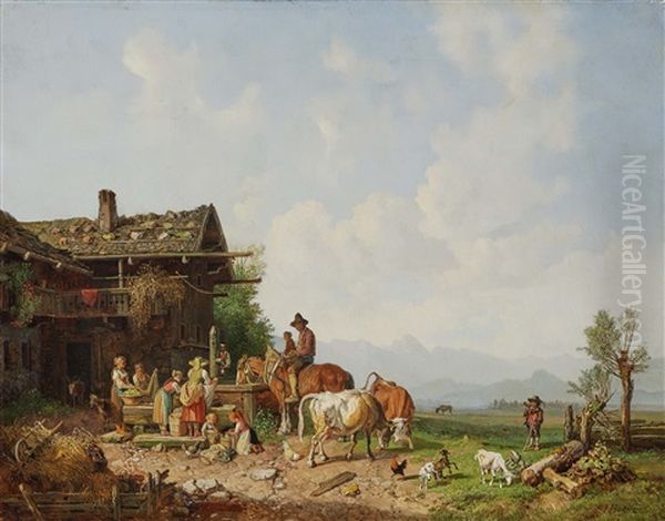 Farmhouse With Fountain Oil Painting by Heinrich Buerkel