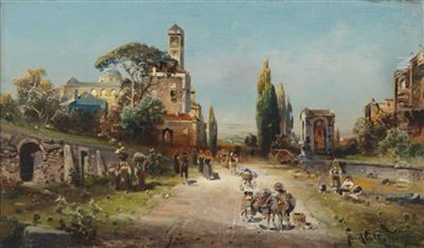 Hustle And Bustle On The Via Appia Oil Painting by Robert Alott