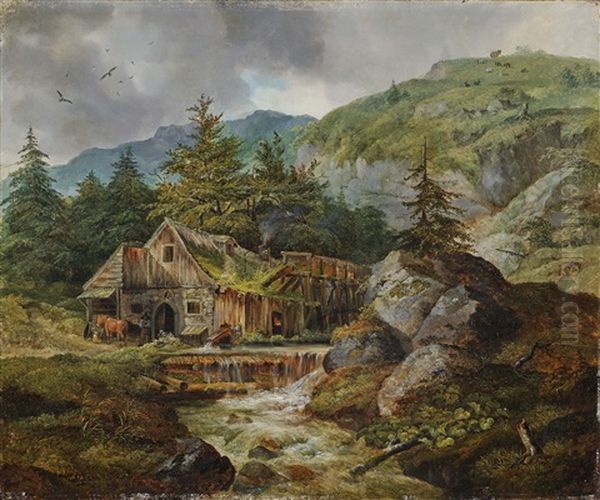 Blacksmiths In The Mountains Oil Painting by Heinrich Buerkel