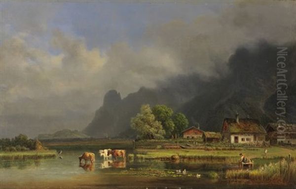 Der Kochelsee Mit Den Hausern Von Schlehdorf Oil Painting by Heinrich Buerkel