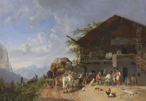 Rast Vor Einem Gasthof In Den Bergen Oil Painting by Heinrich Buerkel