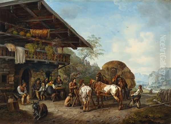 A Mountain Inn Oil Painting by Heinrich Buerkel