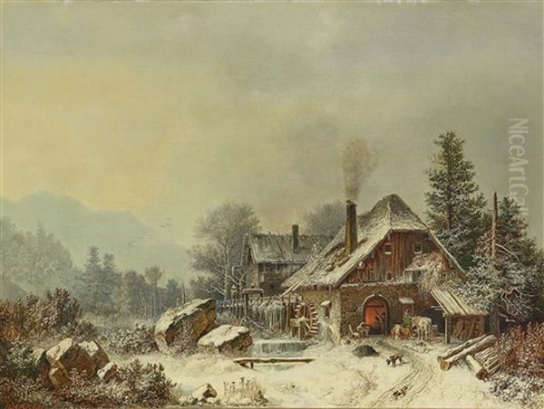 Forge In Winter Oil Painting by Heinrich Buerkel