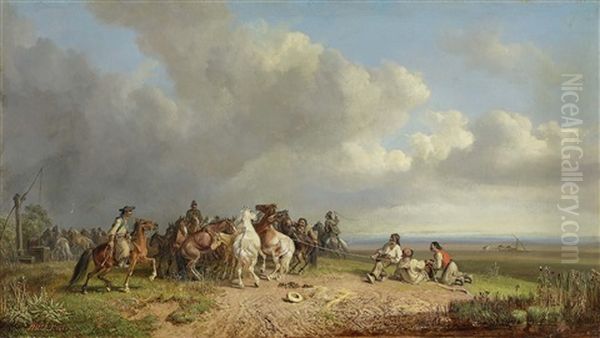 Capturing Wild Horses In The Puszta Oil Painting by Heinrich Buerkel