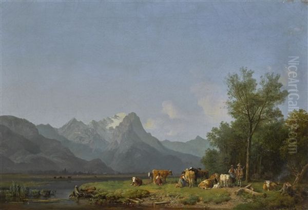 Garmisch, The Wetterstein Mountains Beyond Oil Painting by Heinrich Buerkel