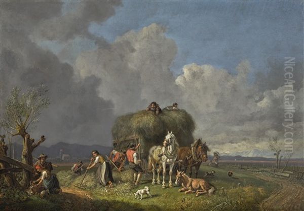 The Hay Harvest Oil Painting by Heinrich Buerkel