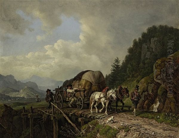 Heuwagen Beim Uberqueren Einer Brucke Oil Painting by Heinrich Buerkel