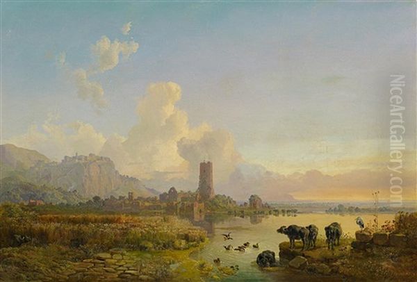 Campagnalandschaft Mit Wasserbuffeln Oil Painting by Heinrich Buerkel