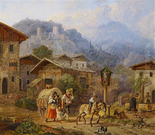 Alpenlandische Familie Mit Ihrem Planwagen Oil Painting by Heinrich Buerkel