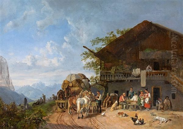 Resting In Front Of A Tavern In The Mountains Oil Painting by Heinrich Buerkel