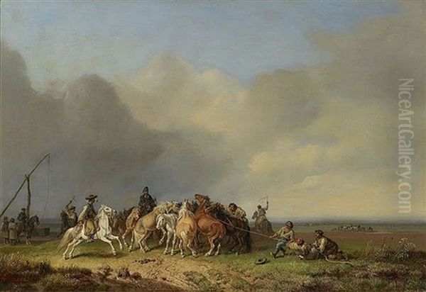 Pferdefang In Der Puszta Oil Painting by Heinrich Buerkel