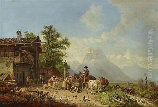 Bauernhof Mit Brunnen Oil Painting by Heinrich Buerkel