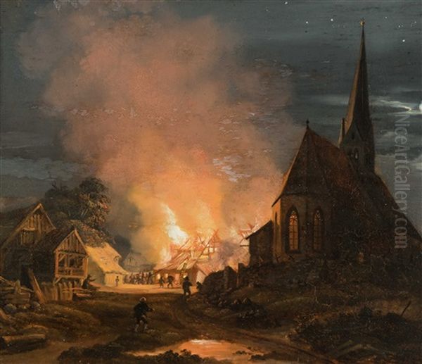 Nachtliches Feuer Neben Der Kirche In Ramsau Oil Painting by Heinrich Buerkel