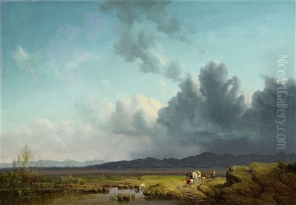 Vorgebirgslandschaft Bei Aufziehendem Gewitter Oil Painting by Heinrich Buerkel