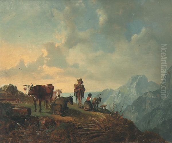 Jager Auf Einer Alm Bei Einer Sennerin Oil Painting by Heinrich Buerkel