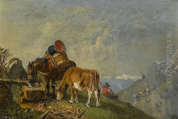 A Resting Peddler With His Horse And A Cow In A Mountaneous Landscape Oil Painting by Heinrich Buerkel