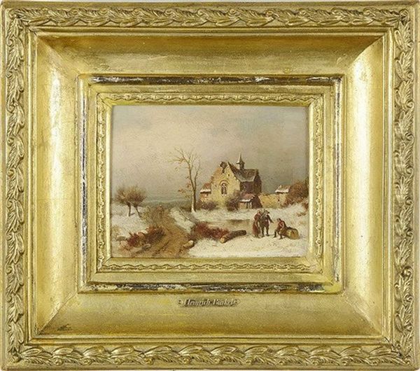 A Winter Landscape With A Homestead Oil Painting by Heinrich Buerkel