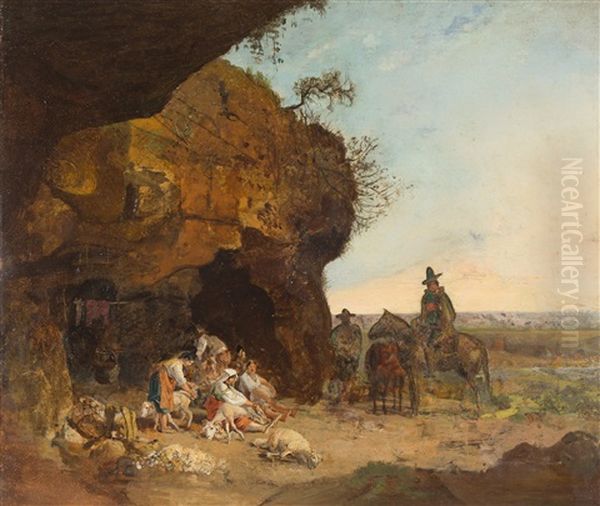 Schafschur Unter Einer Felsenhohle In Der Campagna Oil Painting by Heinrich Buerkel