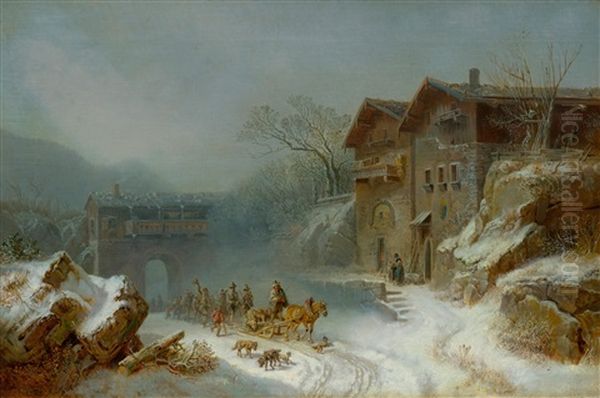 Ruckkehr Von Der Barenjagd Im Winter Mit Den Hausern Von Rattenberg (return From A Bear Hunt In Winter With The Houses Of Rattenberg) Oil Painting by Heinrich Buerkel