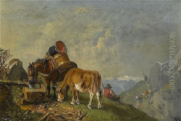 Rastender Handler Mit Pferd Und Kuh An Der Tranke In Gebirgslandschaft by Heinrich Buerkel