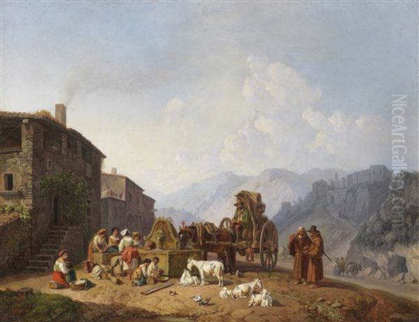 Am Dorfbrunnen In Den Italienischen Bergen Oil Painting by Heinrich Buerkel