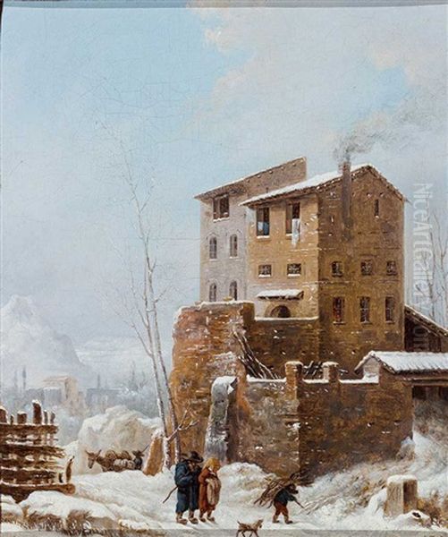 Winterlandschaft Mit Malerischem Gehoft Und Figurenstaffage Oil Painting by Heinrich Buerkel