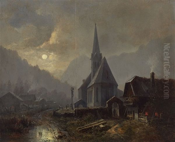 A Church In Ramsau In The Moonlight Oil Painting by Heinrich Buerkel