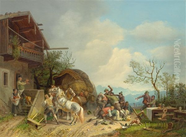 Rauferei Vor Einem Wirtshaus Oil Painting by Heinrich Buerkel