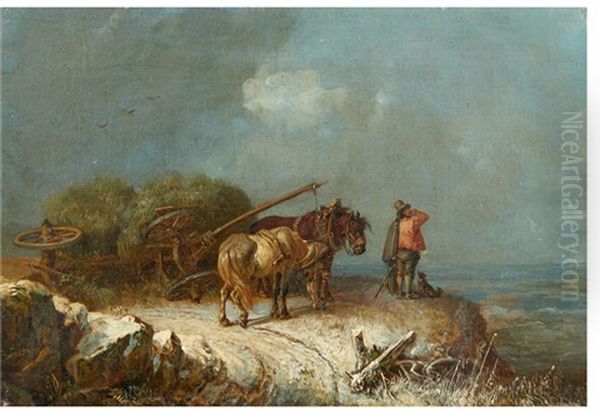 Winter Landscape With An Overturned Hay Wagon Oil Painting by Heinrich Buerkel