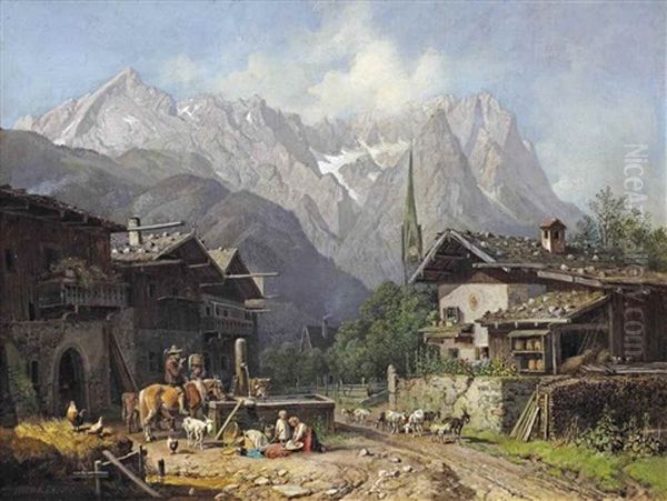 An Alpine Village With Cattle Near A Well Oil Painting by Heinrich Buerkel