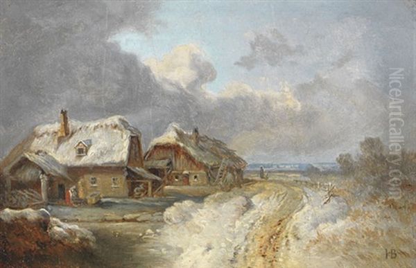 Die Hauser Von Forstenried Im Winter Oil Painting by Heinrich Buerkel