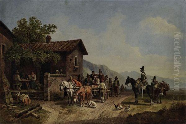 Raubertransport Vor Einer Osteria (um 1855/56) Oil Painting by Heinrich Buerkel