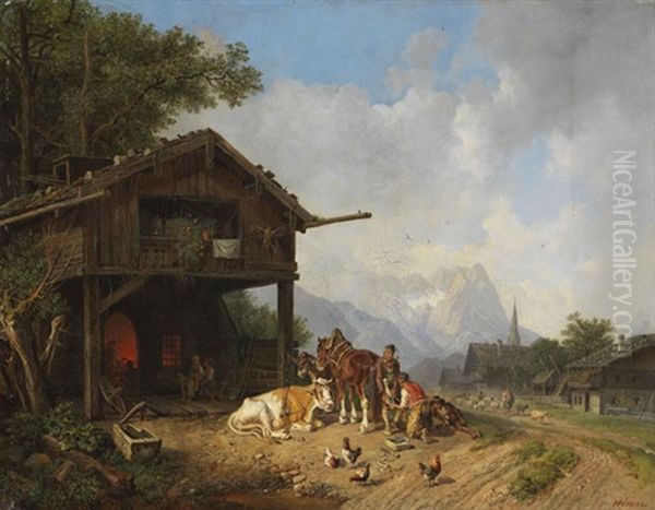 Beim Hufschmied Im Gebirge Oil Painting by Heinrich Buerkel