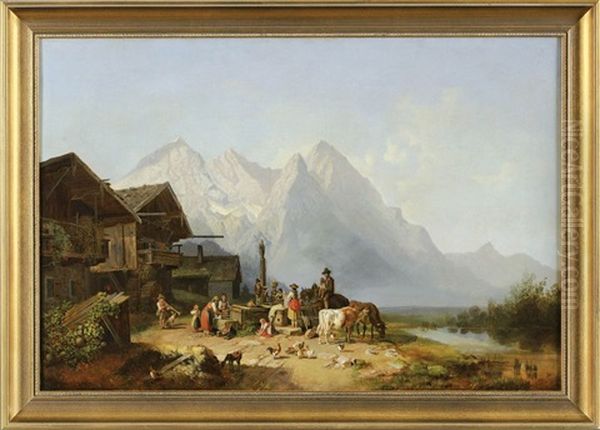 Am Dorfbrunnen Im Gebirge Oil Painting by Heinrich Buerkel