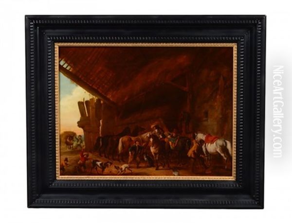 Stable Scene With Figures, Horses And Dogs Oil Painting by Heinrich Buerkel