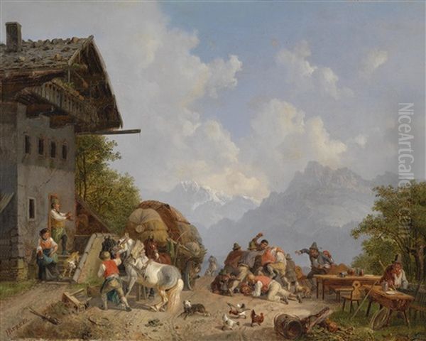 Rauferei Vor Einem Wirtshaus Oil Painting by Heinrich Buerkel