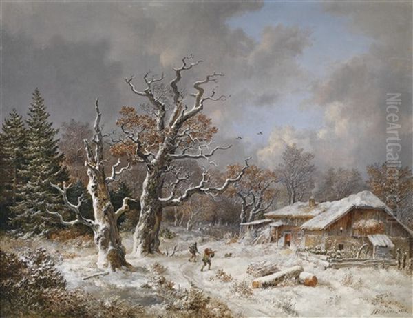 Winterlandschaft Mit Forsthaus Und Wilderern Mit Beute Oil Painting by Heinrich Buerkel