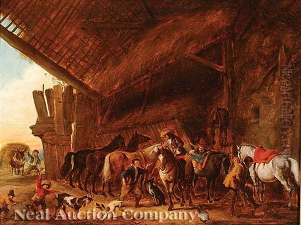 Scene In A Horse Stable Oil Painting by Heinrich Buerkel