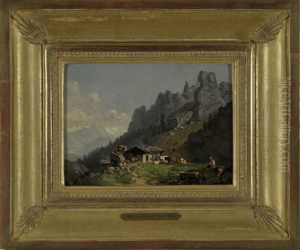 Auf Der Alm - Sennerin Mit Kuhherde Neben Der Berghutte Und Blick Ins Hochgebirge Oil Painting by Heinrich Buerkel